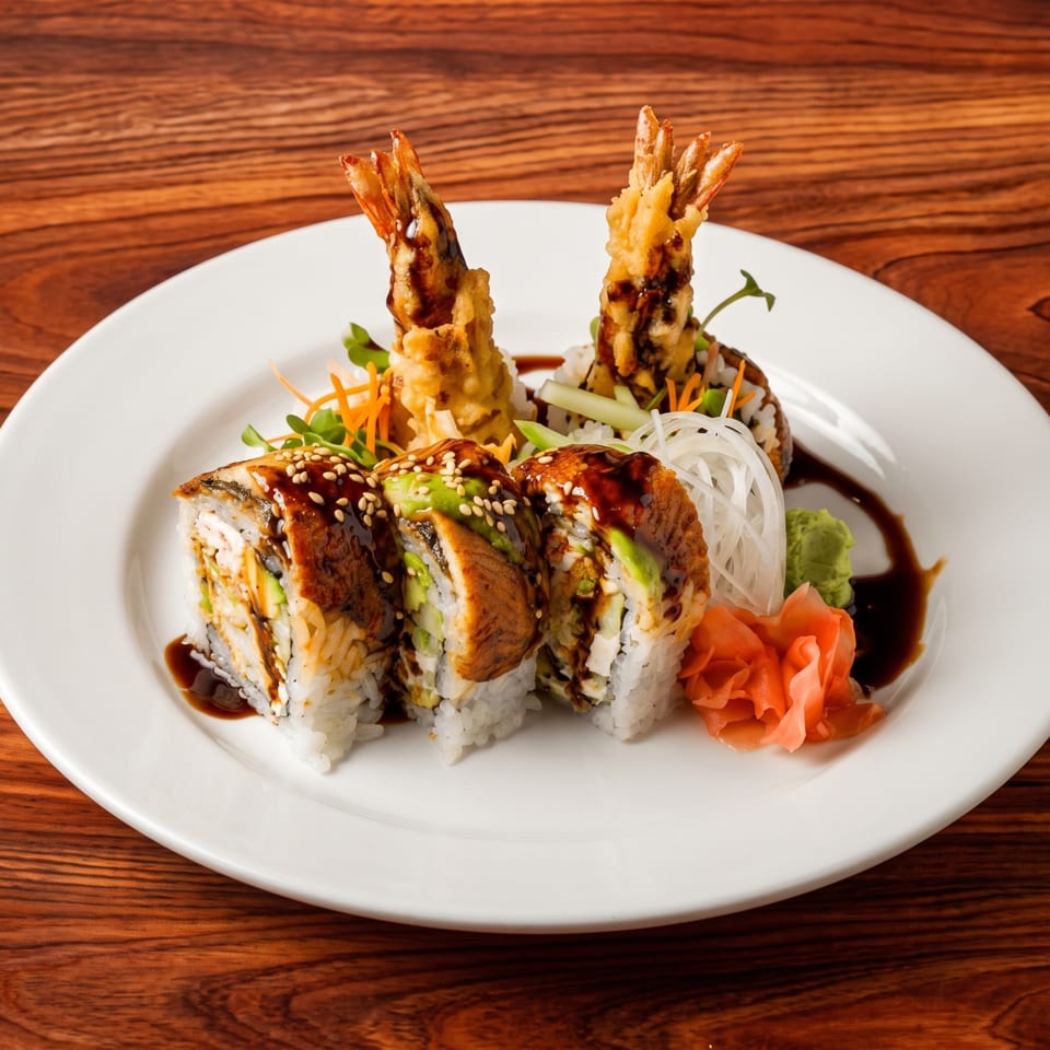 Sushi rolls with eel and avocado, topped with sesame seeds and sauce, served with tempura shrimp.