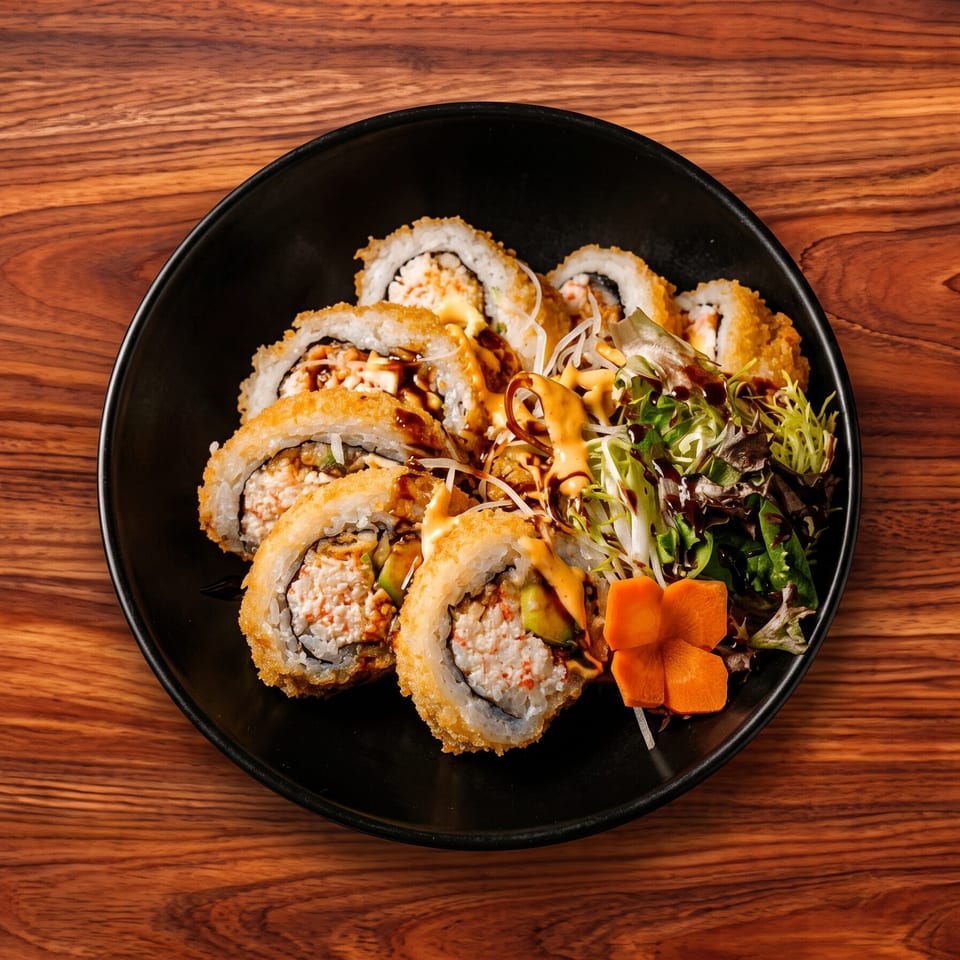 Crispy fried sushi rolls with sauce and a side salad on a black plate.
